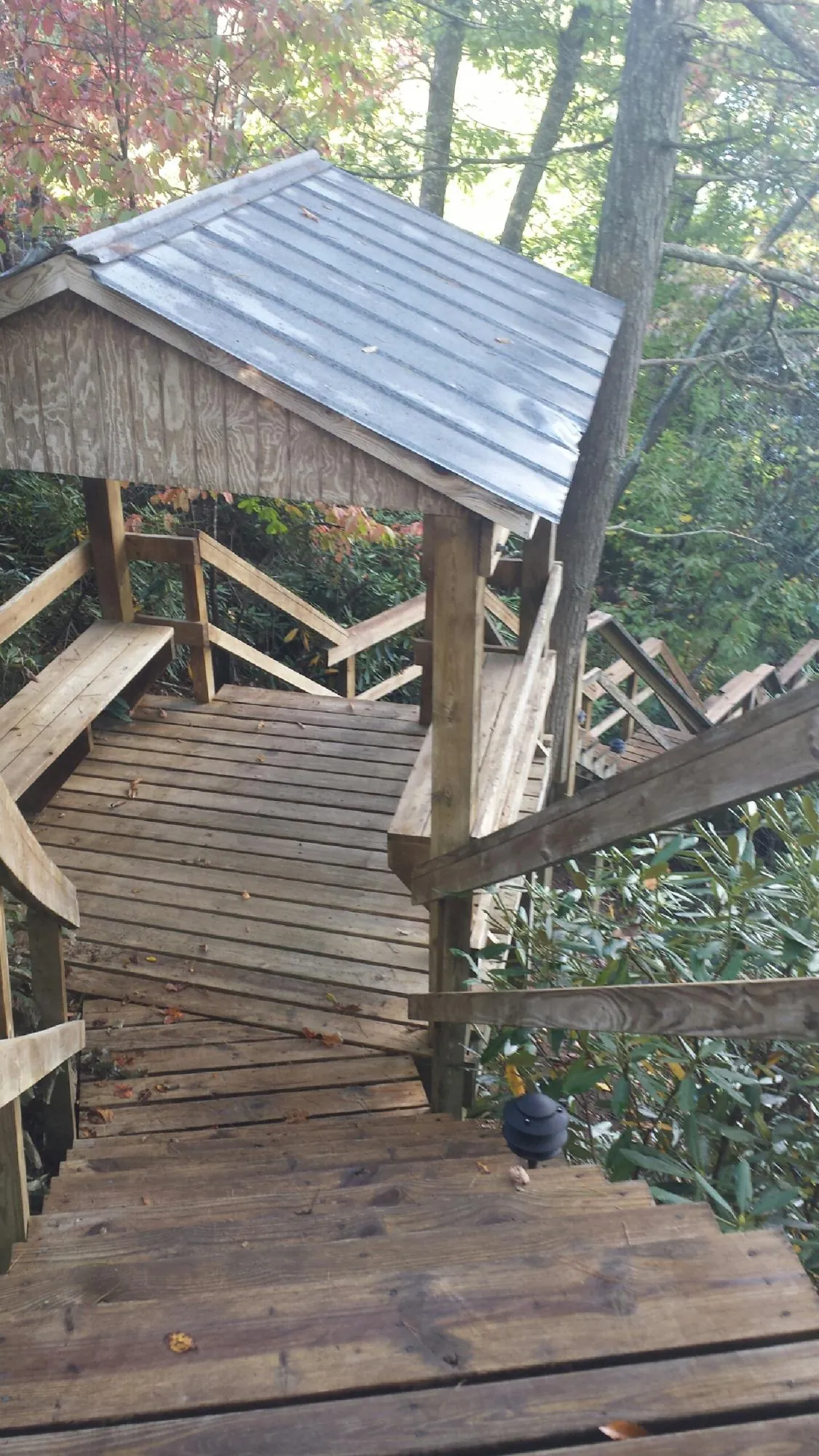 Metal roofed shelter over wooden steps on a wooded walkway — Skylight Repair & Installation work by our crew in Douglasville